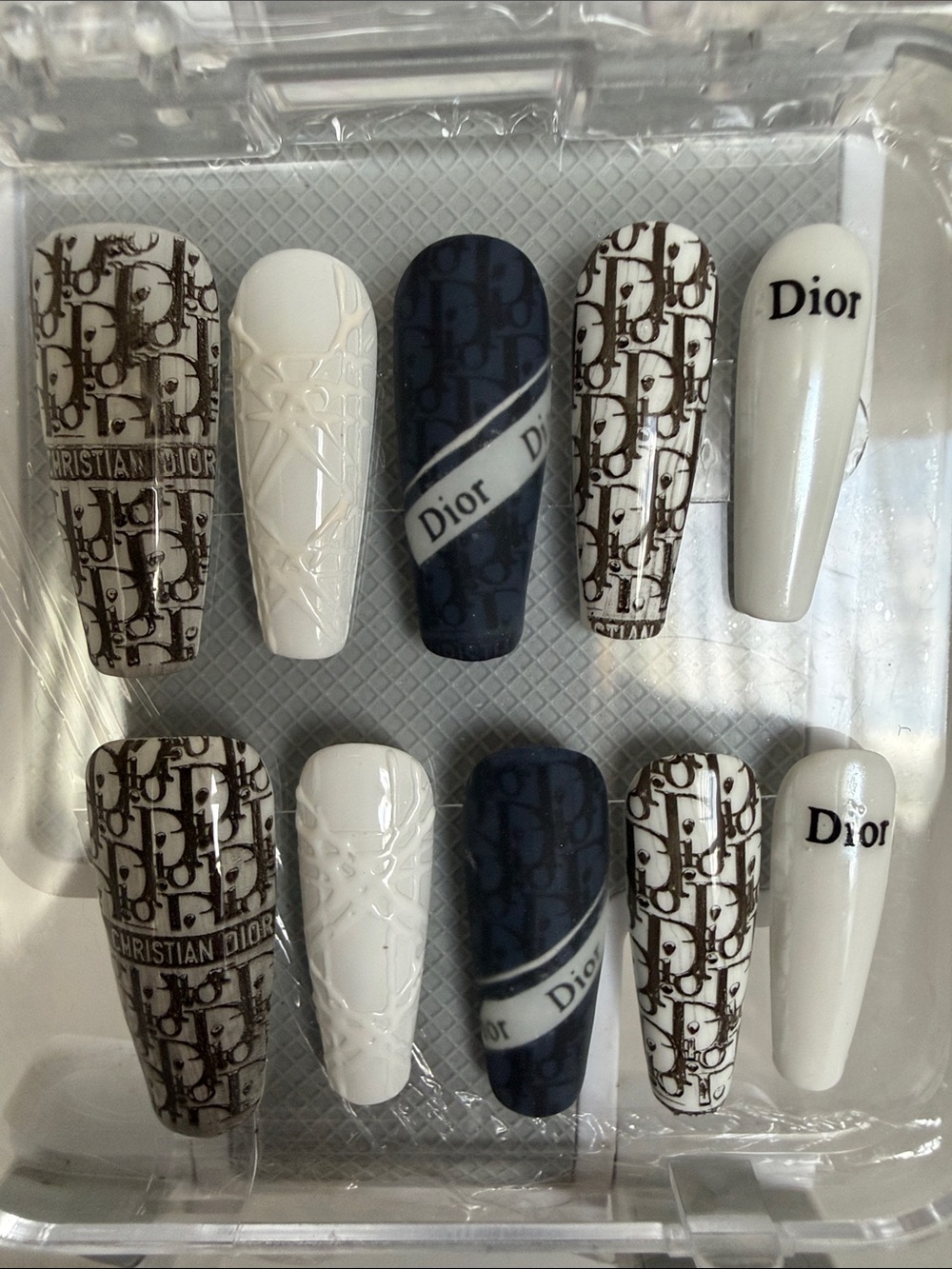 Custom Made Luxury-White, Navy & Brown Dior Logo Press-On Nail Set NIB